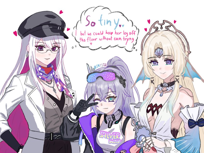 3girls, absurdres, beret, blonde_hair, breasts, cleavage, clothes_writing, commentary, detached_sleeves, english_commentary, english_text, eyewear_on_head, fins, gloves, grey_eyes, grey_hair, hat, head_fins, headpiece, highres, honkai:_star_rail, honkai_(series), irysiz, jacket, jewelry, large_breasts, long_hair, medium_breasts, multicolored_hair, multiple_girls, neckerchief, necklace, nihilux_(honkai:_star_rail), off_shoulder, one_eye_closed, open_clothes, open_jacket, pearl_(honkai:_star_rail), purple_eyes, shirt, silver_wolf_(lv.999)_(honkai:_star_rail), silver_wolf_(honkai:_star_rail), speech_bubble, turtleneck, upper_body, v, very_long_hair, white_hair, yuri