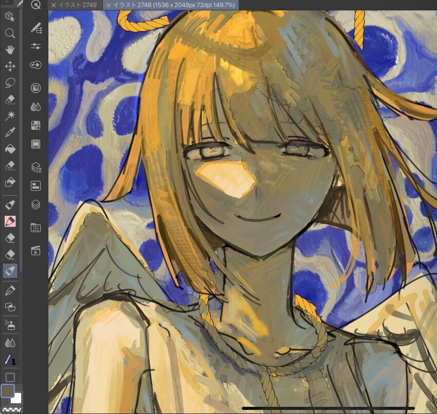 1girl, angel, art_program_in_frame, bare_shoulders, blue_background, blunt_bangs, blunt_ends, bob_cut