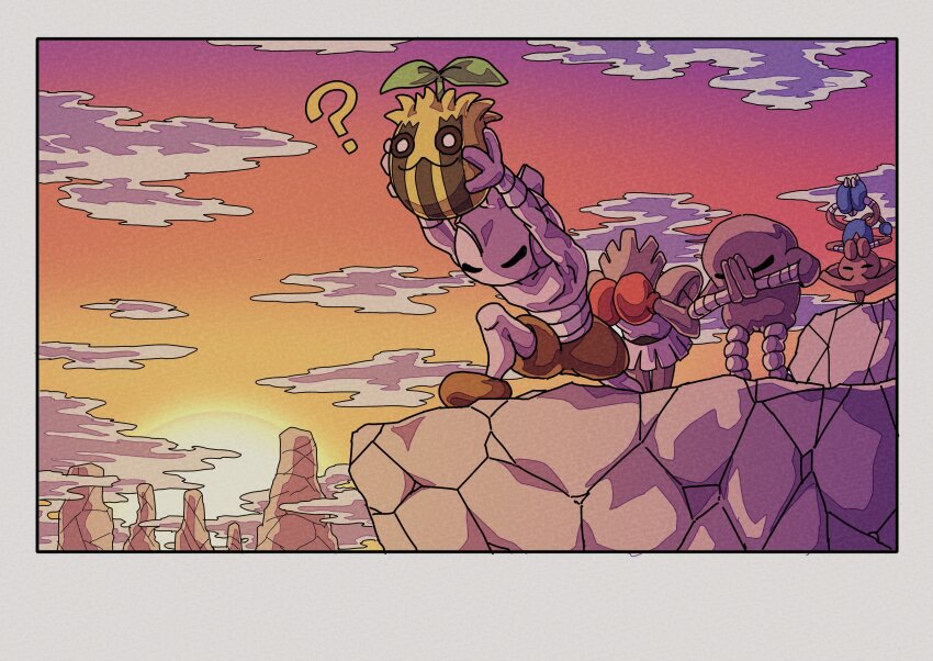 4others, ?, absurdres, cliff, closed_eyes, closed_mouth, cloud, confused