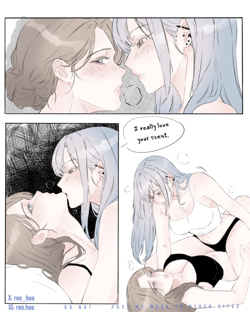 2girls, barbell_piercing, black_panties, black_tank_top, blush, breasts, brown_eyes, brown_hair, cleavage, commentary, ear_piercing, english_commentary, english_text, grey_eyes, grey_hair, hair_bun, highres, industrial_piercing, large_breasts, multiple_girls, original, panties, parted_lips, piercing, reo_hoo, speech_bubble, tank_top, underwear, white_tank_top, yuri