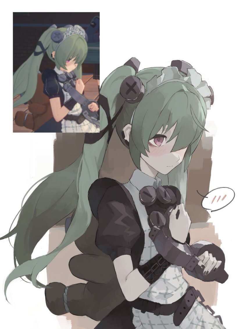 1girl, animal_bag, apron, bear_bag, black_dress, blush, commentary_request, corin_wickes