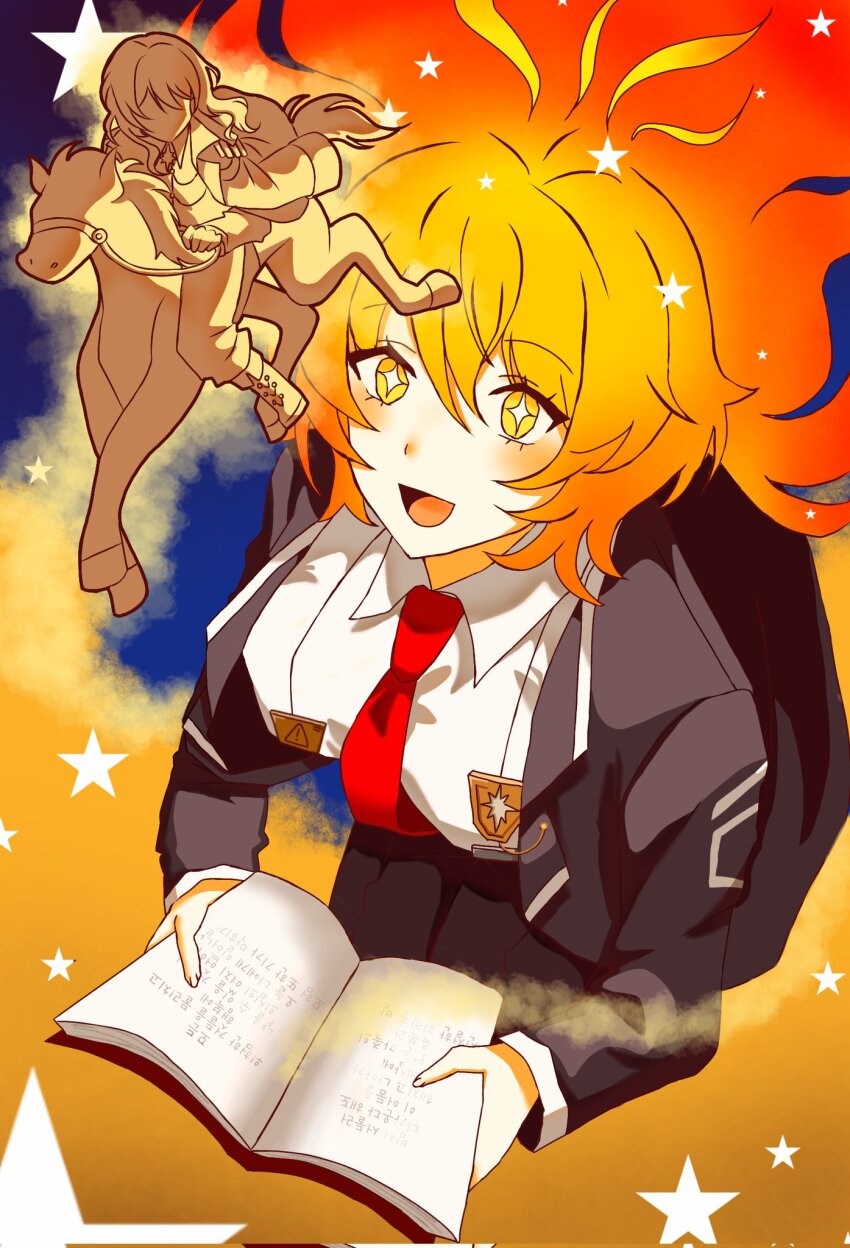 1girl, black_coat, blonde_hair, book, coat, collared_shirt, commentary_request, don_quixote_(project_moon), hero_(mili), highres, holding, holding_book, horse, horseback_riding, jacket, korean_commentary, la_manchaland's_don_quixote_(project_moon), limbus_company, long_hair, mili_(band), necktie, open_mouth, pants, project_moon, red_eyes, red_necktie, riding, shirt, short_hair, smile, white_shirt, yellow_eyes