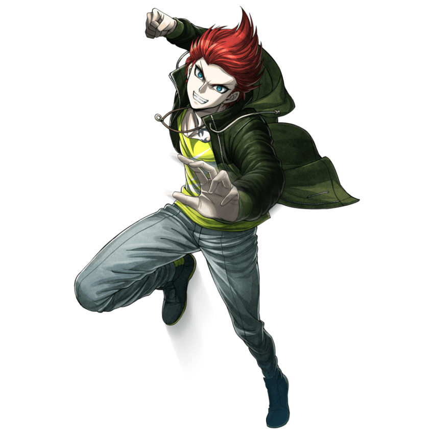 1boy, artist_request, black_shoes, blue_eyes, clenched_hand, full_body, furrowed_brow, green_jacket