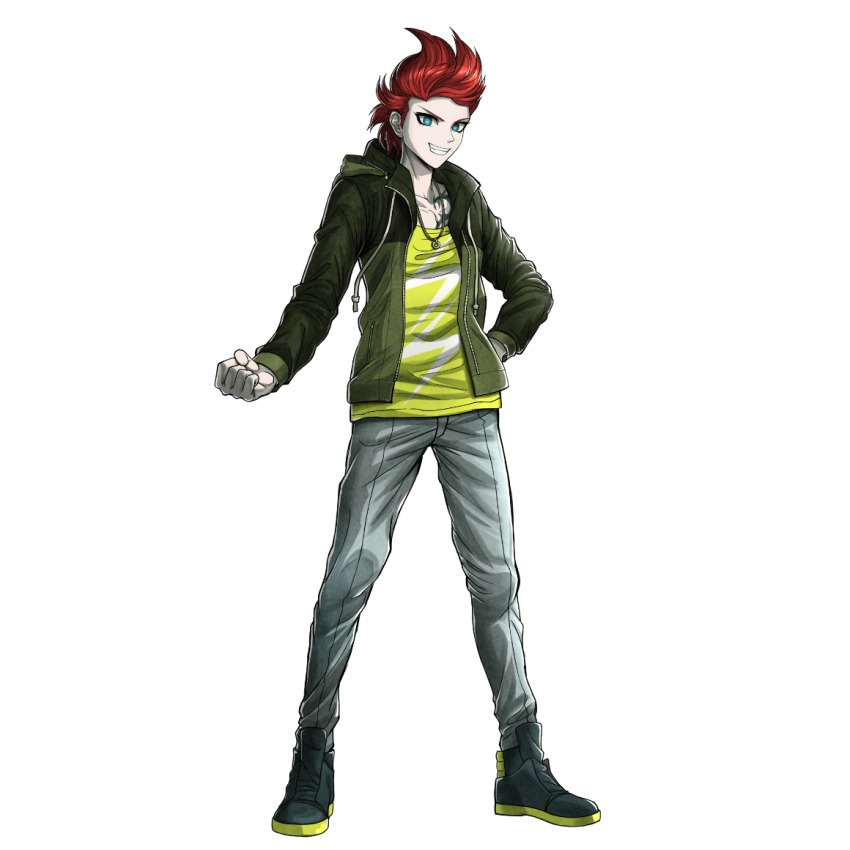 1boy, artist_request, black_shoes, blue_eyes, clenched_hand, full_body, green_jacket, green_shirt