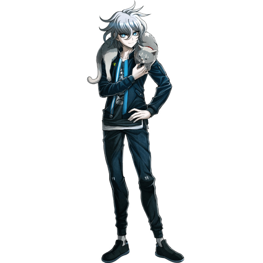 1boy, artist_request, black_shoes, blue_eyes, blue_jacket, blue_pants, cat, full_body