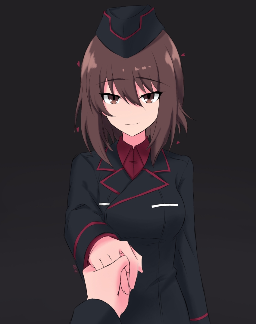 absurdres, brown_eyes, garrison_cap, girls_und_panzer, hat, highres, ivan_(2213432), kuromorimine_military_uniform