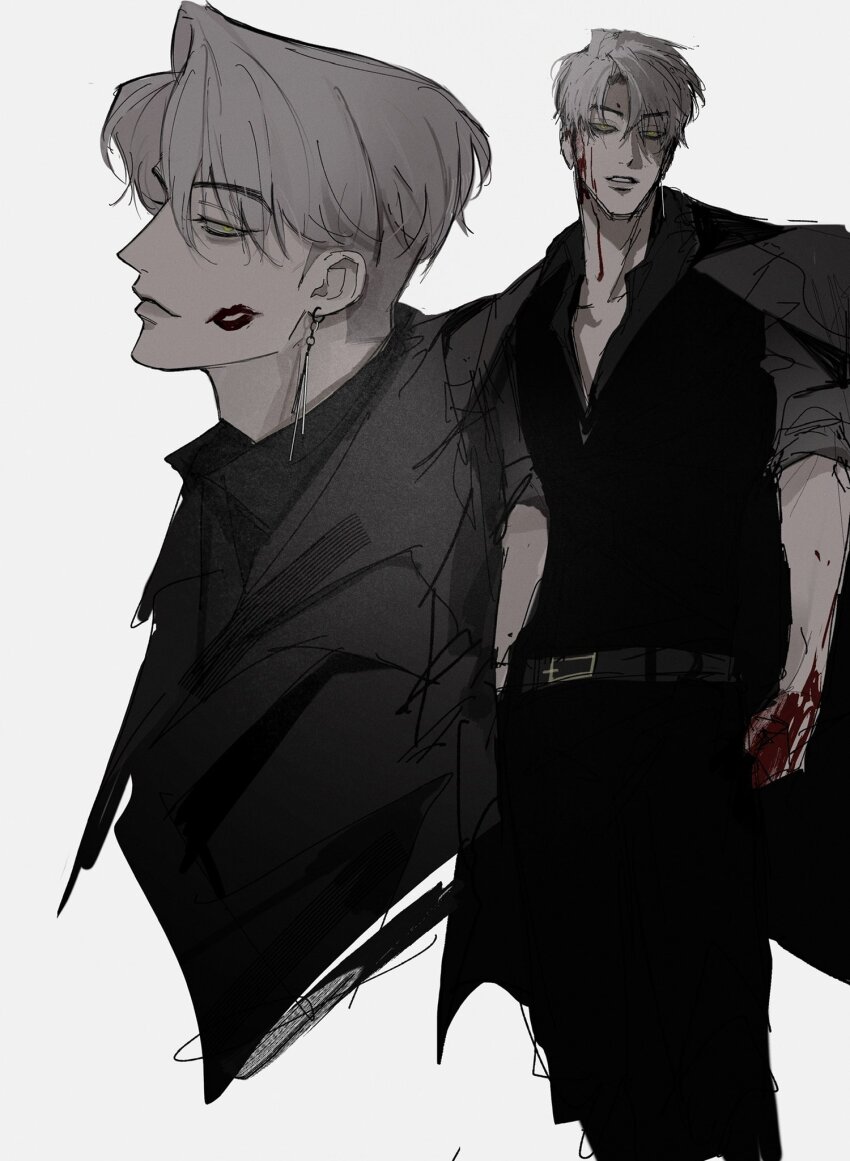 1boy, belt, black_pants, black_shirt, blood, blood_on_face, blood_on_hands, dead_by_daylight