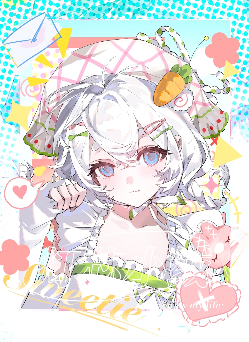 1girl, :3, blue_eyes, bow, braid, carrot, carrot_hair_ornament, commission