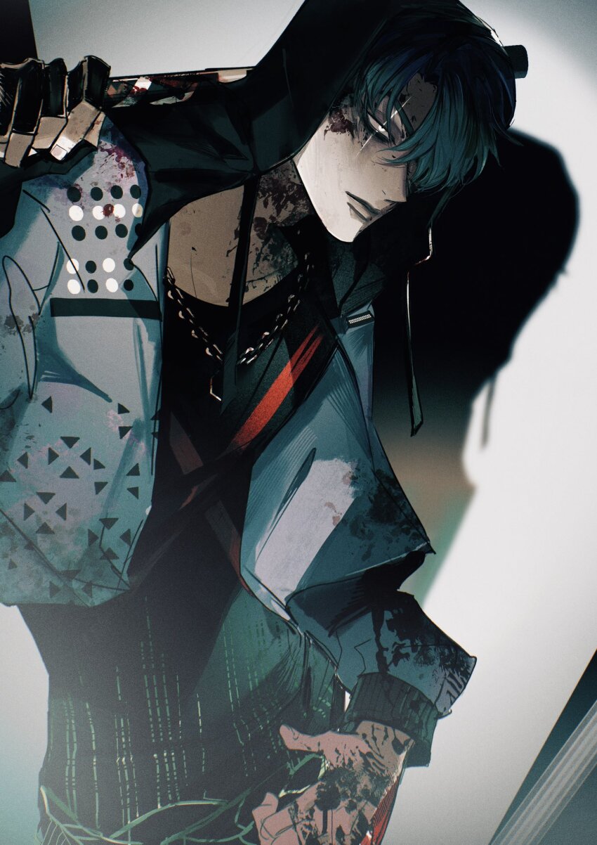 1boy, aqua_hair, black_hoodie, blood, blood_on_clothes, blood_on_face, blood_on_hands, blue_jacket
