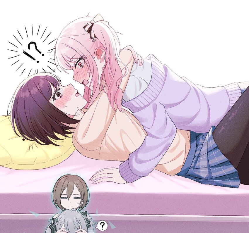 !?, 1other, 25-ji_meiko, 25-ji_miku, 3girls, ?, akiyama_mizuki, arms_around_neck