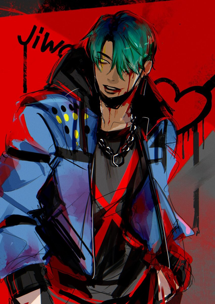1boy, aqua_hair, black_shirt, blood, blood_on_face, blood_on_neck, blue_jacket, chain