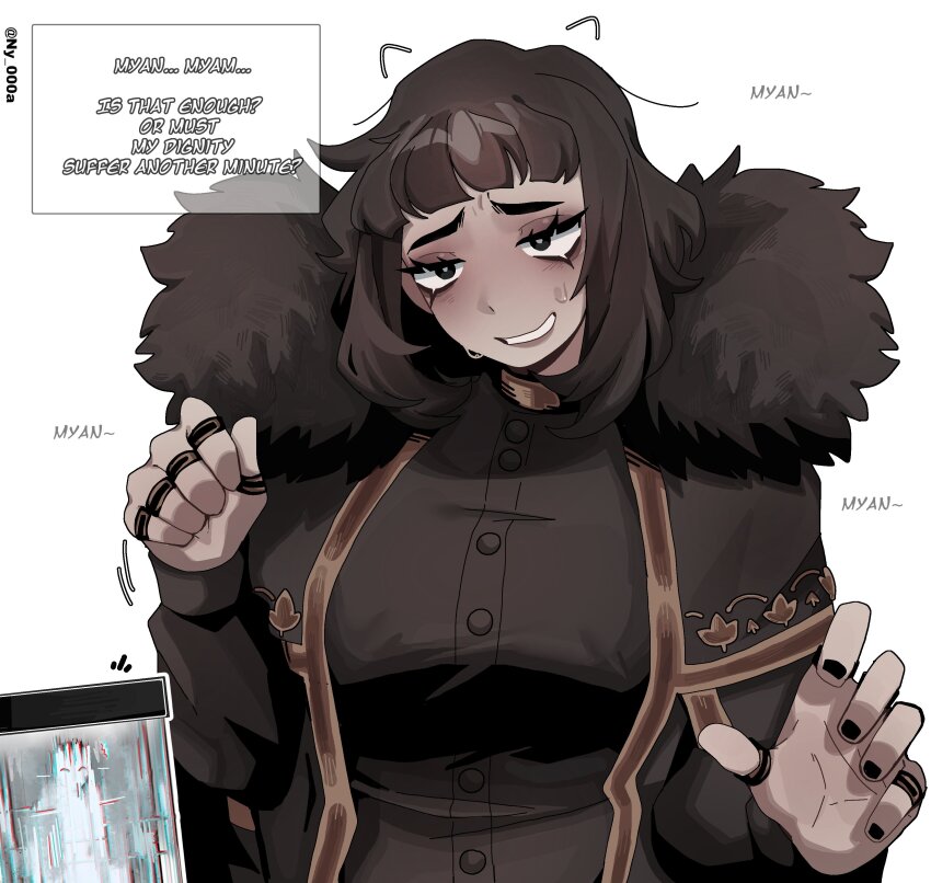 1girl, 1other, absurdres, black_dress, black_fur, black_shirt, cape, dress