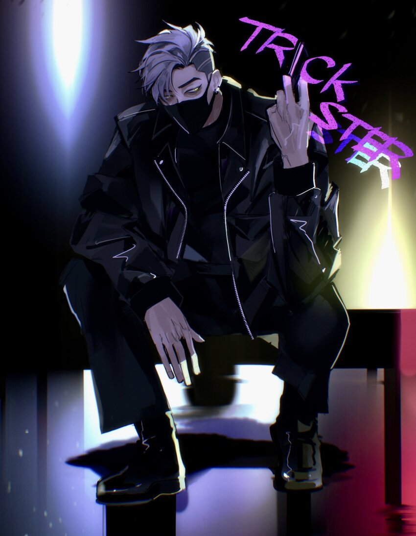 1boy, black_jacket, black_pants, black_shoes, commentary_request, dead_by_daylight, highres, holding