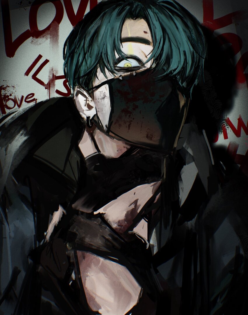 1boy, aqua_hair, black_mask, black_shirt, blood, blood_on_clothes, blood_on_face, blue_jacket