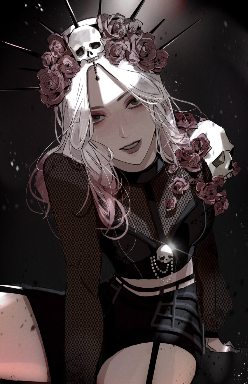 1girl, black_background, black_shorts, commentary, dead_by_daylight, eyeshadow, fishnet_top, fishnets, flower, garter_straps, gradient_hair, grey_eyes, highres, jewelry, long_sleeves, looking_at_viewer, makeup, me_ju2, multicolored_hair, red_eyeshadow, red_flower, red_hair, red_rose, rose, sable_ward, shorts, simple_background, sitting, skull, solo, white_hair