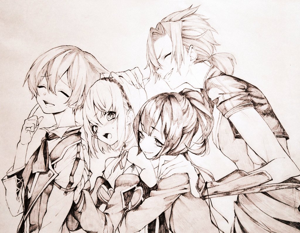 2boys, 2girls, breasts, closed_eyes, detached_sleeves, ex_(grimms_notes), ex_(original)_(grimms_notes), grimms_notes