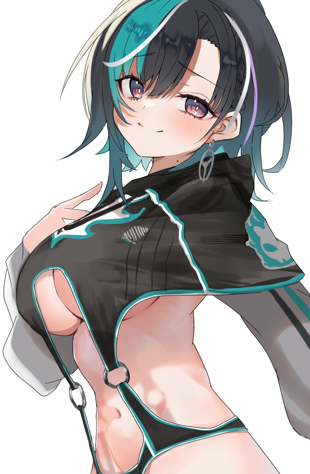 1girl, aqua_hair, black_hair, breasts, commentary_request, earrings, highres, hololive