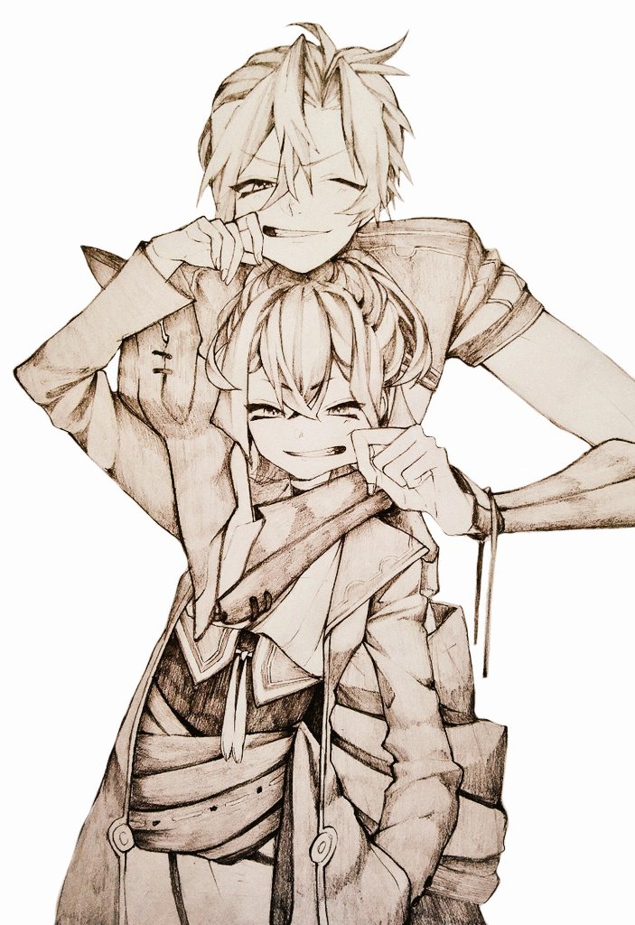 1boy, 1girl, arm_up, cheek_pull, cowboy_shot, crossed_bangs, grimms_notes, hair_between_eyes