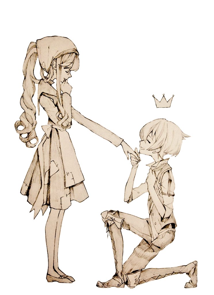 1boy, 1girl, apron, cinderella_(grimms_notes), closed_eyes, commentary_request, crown, ex_(grimms_notes)