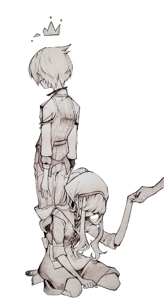 1boy, 1girl, apron, cinderella_(grimms_notes), commentary_request, crown, ex_(grimms_notes), ex_(original)_(grimms_notes)