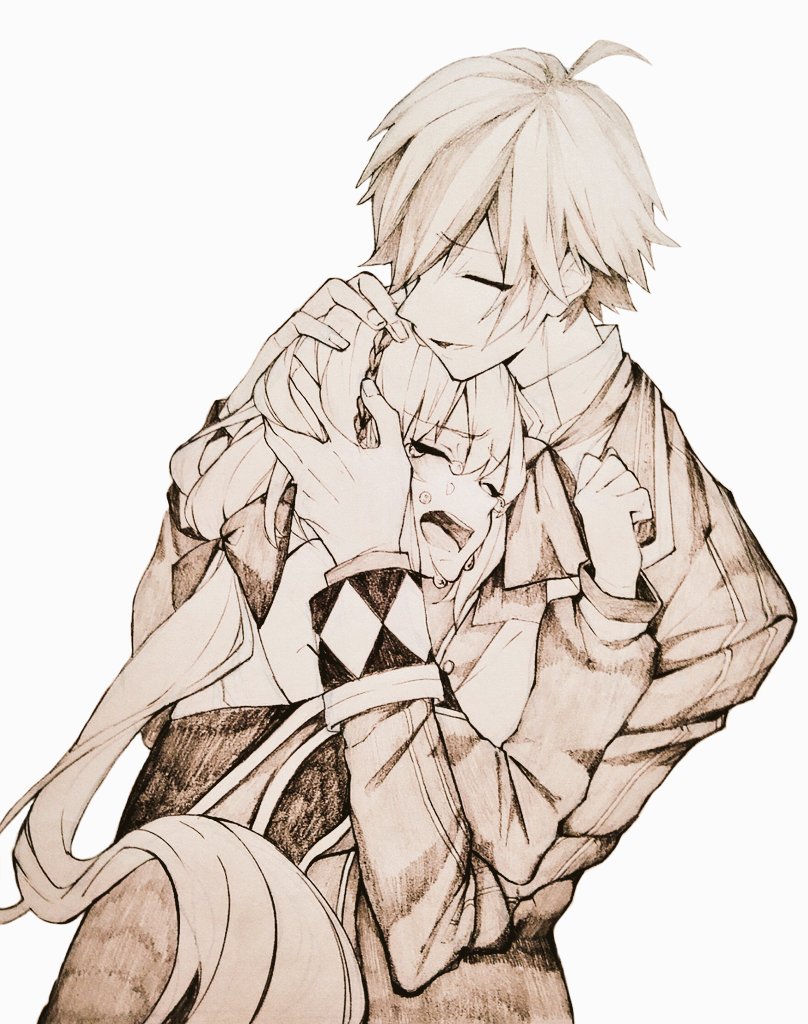 1boy, 1girl, bare_shoulders, bow, buttons, closed_eyes, crying, detached_sleeves, fingernails, grimms_notes, hair_between_eyes, hair_bow, hug, jacket, long_hair, long_sleeves, low_ponytail, monochrome, open_mouth, parted_lips, ponytail, reina_(grimms_notes), reina_(original)_(grimms_notes), shino_(5no), short_hair, simple_background, smile, teeth, tongue, upper_body, upper_teeth_only, white_background, wilhelm_grimm_(grimms_notes), wilhelm_grimm_(original)_(grimms_notes)