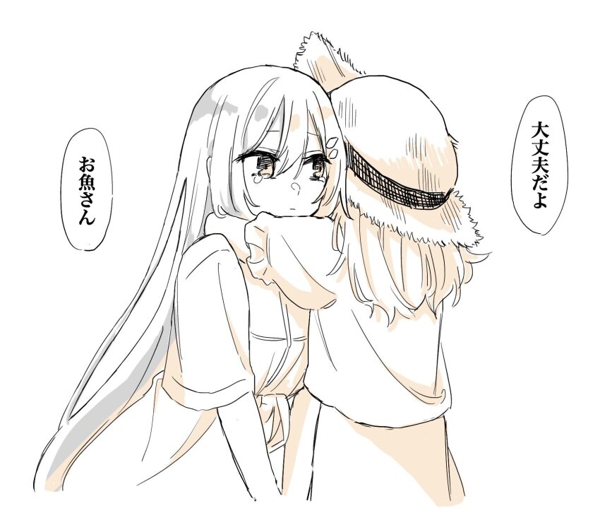 2girls, arms_around_neck, closed_mouth, commentary_request, frilled_sleeves, frills, hair_ornament, hairclip