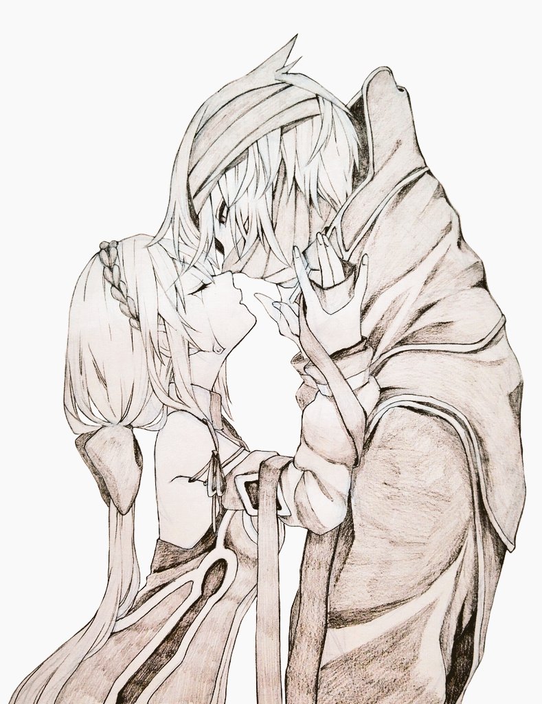 1boy, 1girl, bandaged_head, bandages, bare_shoulders, closed_eyes, closed_mouth, commentary_request