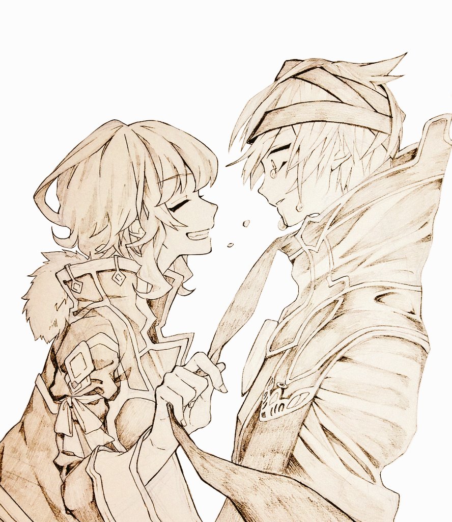 1boy, 1girl, bandages, closed_eyes, crying, crying_with_eyes_open, facing_another, fam_(grimms_notes)