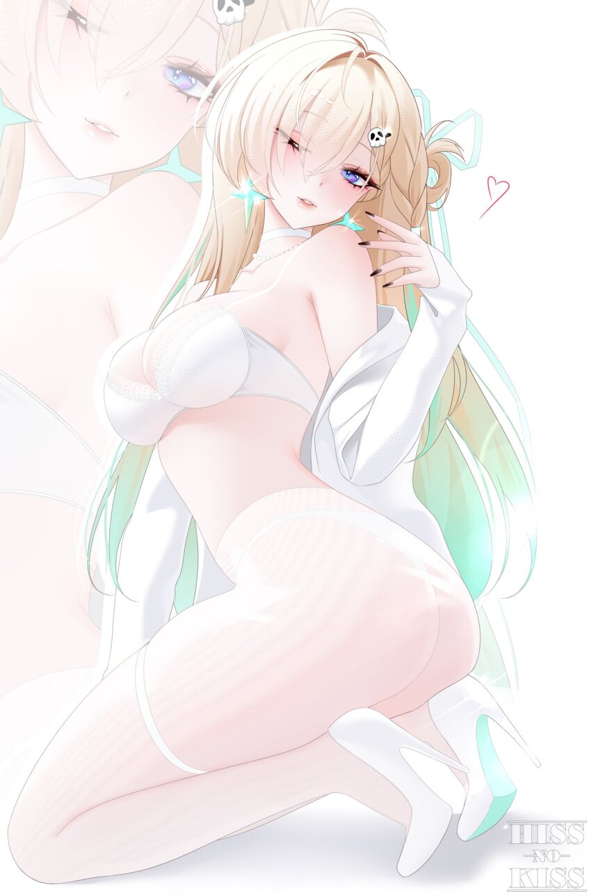 1girl, alternate_costume, blonde_hair, braid, braided_bangs, breasts, chain, commentary_request