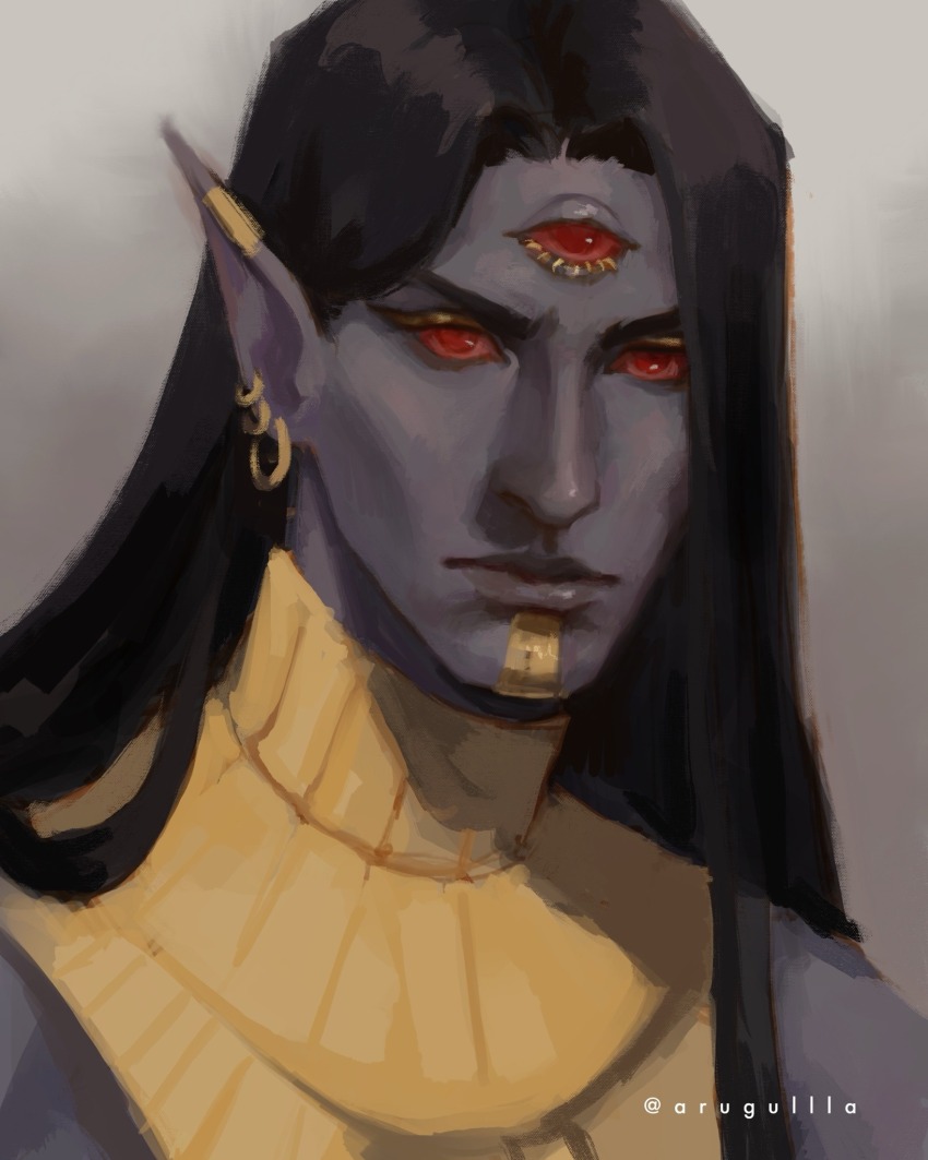 1boy, artist_name, arugullla, black_hair, colored_sclera, colored_skin, commentary, dagoth_ur, dunmer, earrings, english_commentary, gold_earrings, gold_necklace, grey_background, grey_skin, highres, jewelry, long_hair, male_focus, necklace, pointy_ears, portrait, red_eyes, red_sclera, the_elder_scrolls, the_elder_scrolls_iii:_morrowind, third_eye