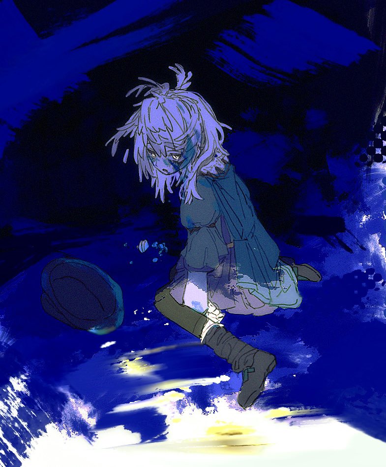 1boy, androgynous, black_shoes, blue_theme, colored_skin, edgar_valden, edgar_valden_(deep_blue), full_body