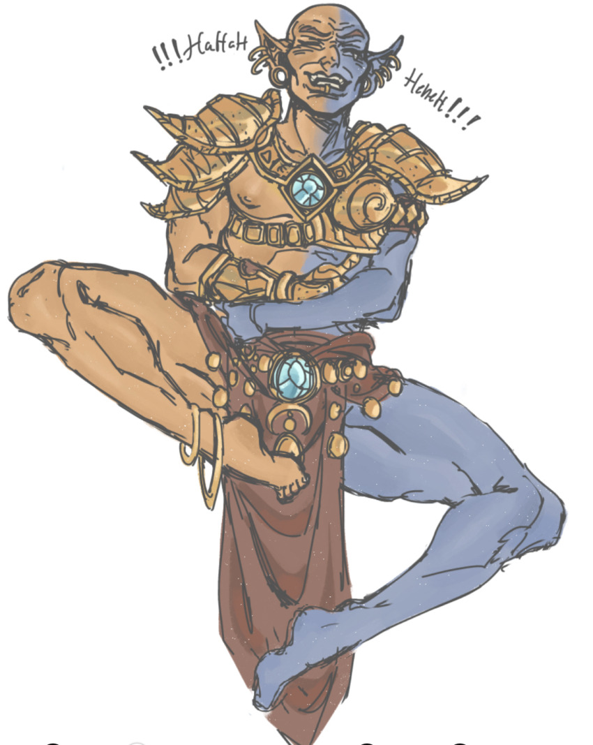 1boy, amulet, anklet, armband, armor, bald, barefoot, colored_skin, commentary, crossed_legs, dunmer, earrings, english_commentary, floating, gold_anklet, gold_earrings, gold_skin, grey_skin, highres, holding_own_stomach, jewelry, laughing, levitation, male_focus, mrballpit, red_loincloth, shoulder_armor, the_elder_scrolls, the_elder_scrolls_iii:_morrowind, vivec_(elder_scrolls), white_background