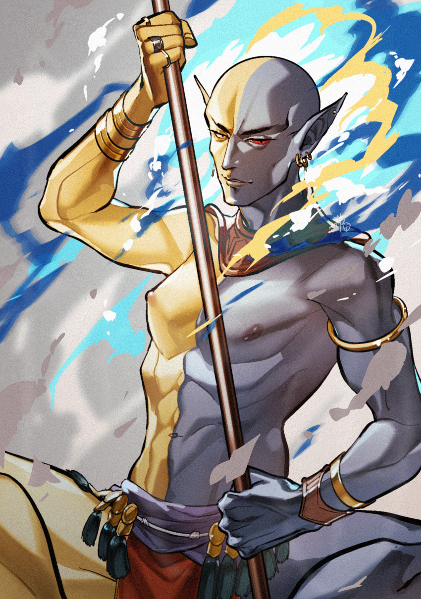 1boy, bald, bracelet, colored_skin, commentary, cowboy_shot, crossed_legs, dunmer