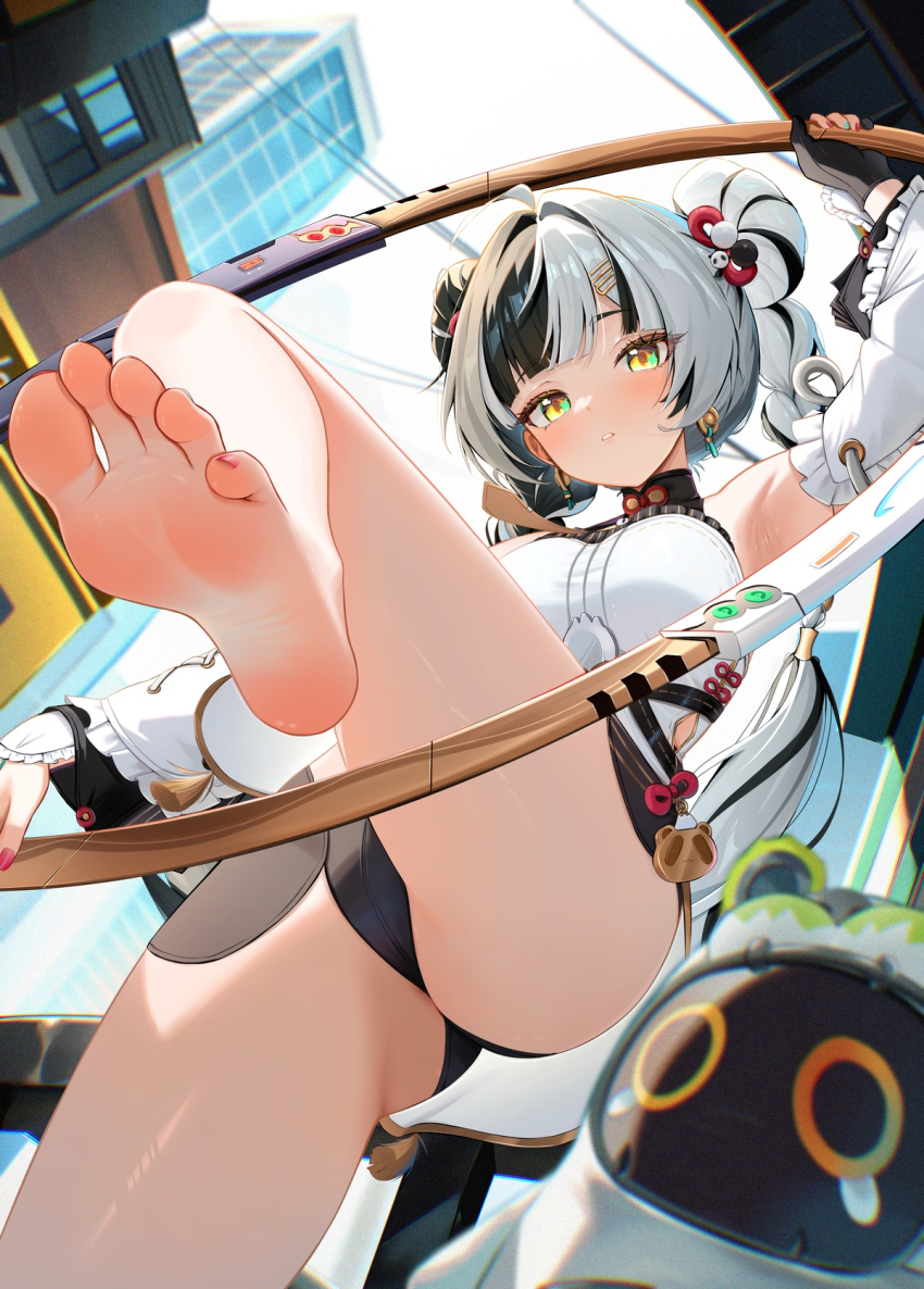 1girl, armpits, bangboo_(zenless_zone_zero), barefoot, belion_(zenless_zone_zero), black_hair, blush, braid, braided_hair_rings, braided_twintails, breasts, chakram, dialyn_(zenless_zone_zero), earrings, feet, foot_focus, foreshortening, hair_ornament, hair_rings, hairclip, highres, jewelry, long_hair, looking_at_viewer, medium_breasts, multicolored_hair, panda_hair_ornament, pom_pom_(clothes), pom_pom_hair_ornament, presenting_foot, radoremo, soles, solo, split-color_hair, thighs, toes, weapon, white_hair, yellow_eyes, zenless_zone_zero