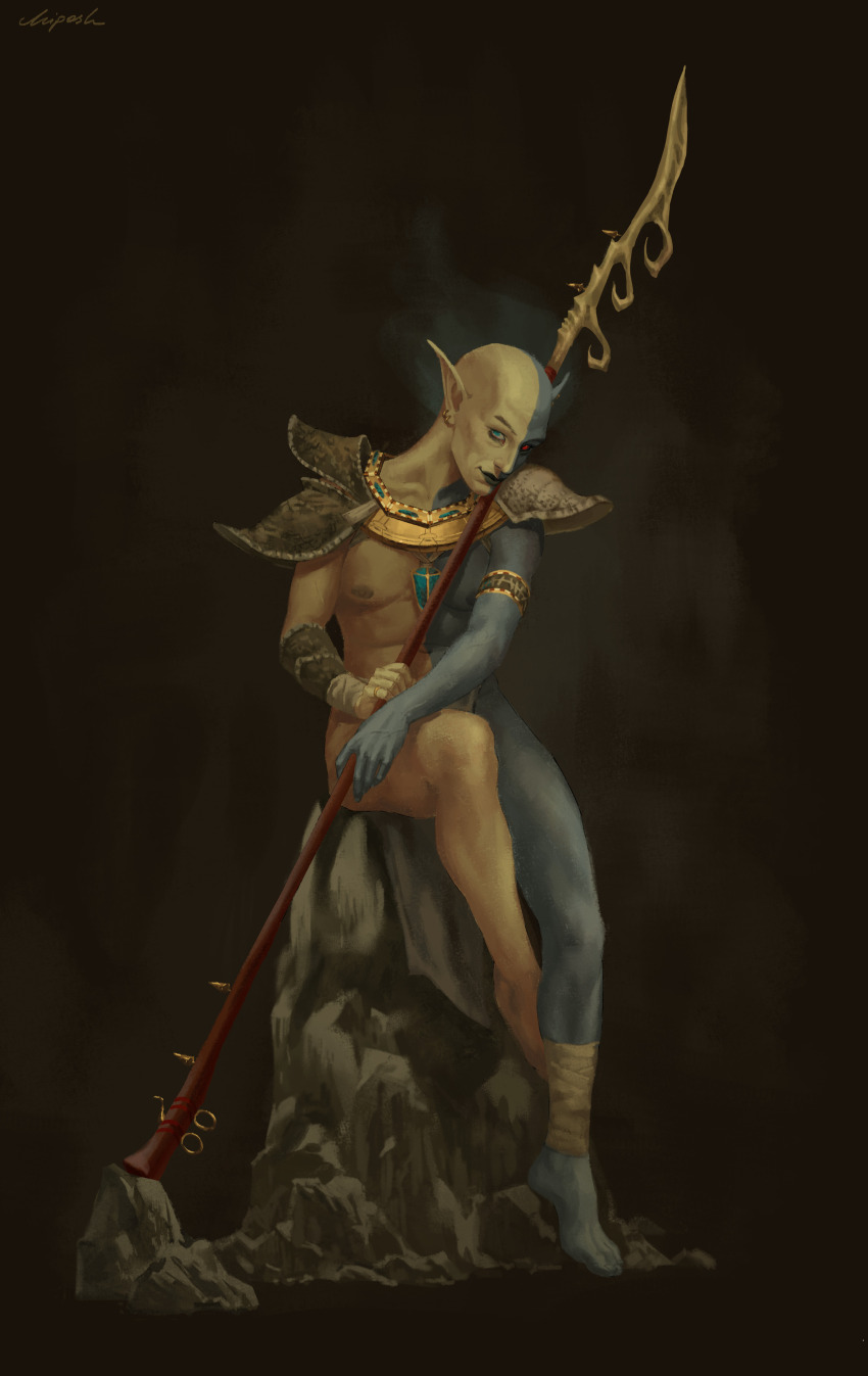 1boy, absurdres, amulet, armband, armor, bald, blue_eyes, brown_background, chippypiper, colored_skin, commentary, dunmer, english_commentary, gold_necklace, gold_skin, grey_skin, highres, holding, holding_polearm, holding_weapon, jewelry, loincloth, looking_at_viewer, male_focus, necklace, pointy_ears, polearm, red_eyes, rock, shoulder_armor, sitting, spear, the_elder_scrolls, the_elder_scrolls_iii:_morrowind, vivec_(elder_scrolls), weapon