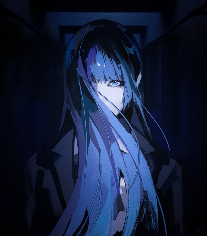 1girl, ado_(utaite), black_coat, blue_eyes, blue_hair, chando_(ado), coat, commentary