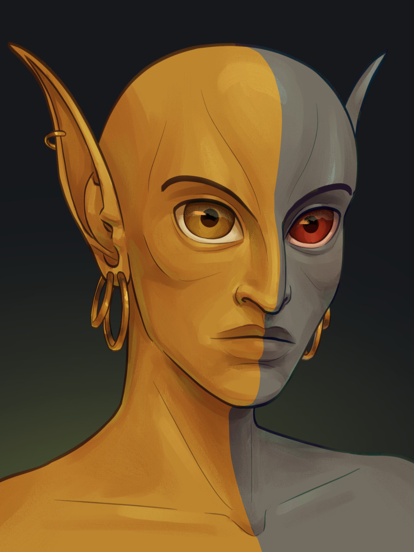 1boy, absurdres, bald, black_background, colored_skin, commentary, dunmer, earrings