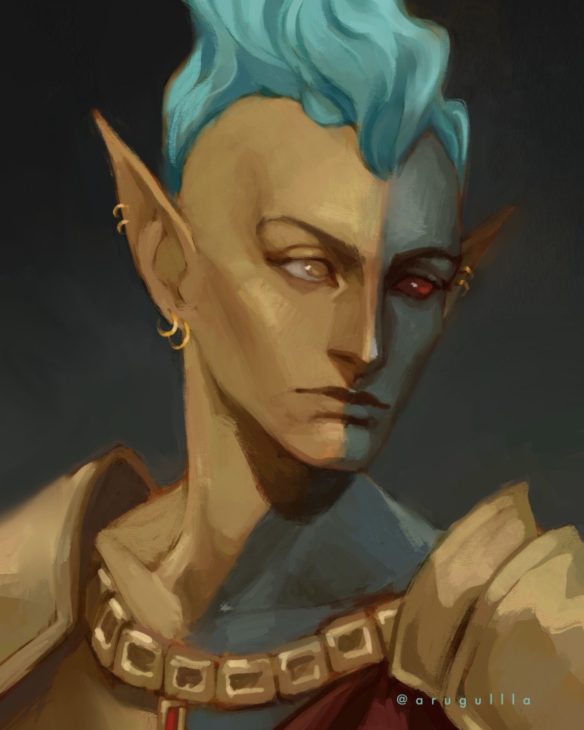 1boy, artist_name, arugullla, bald, colored_skin, commentary, dunmer, earrings, energy_hair, english_commentary, gold_earrings, gold_necklace, gold_skin, grey_skin, highres, jewelry, looking_to_the_side, male_focus, necklace, painterly, pointy_ears, portrait, red_eyes, the_elder_scrolls, the_elder_scrolls_iii:_morrowind, vivec_(elder_scrolls), yellow_eyes