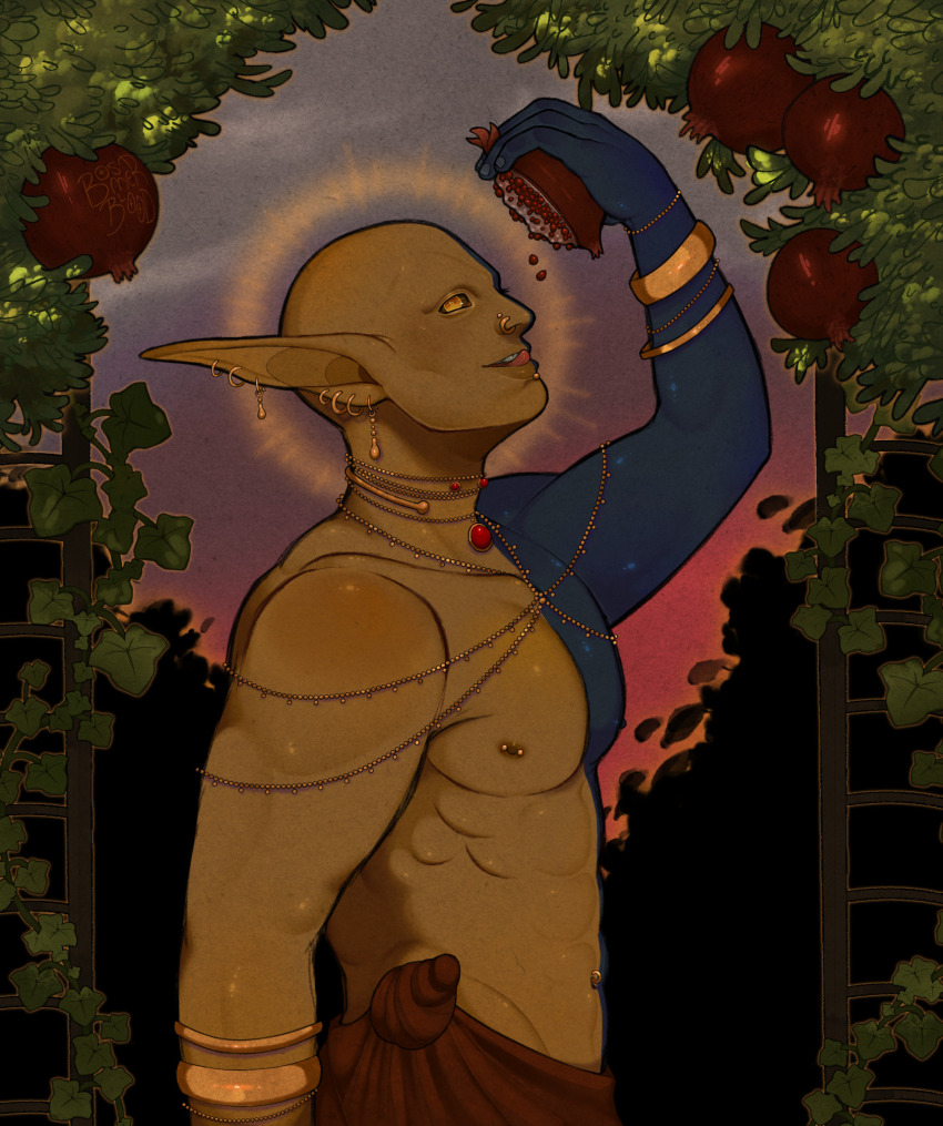 1boy, abs, bald, blue_sky, bosmerblood, bracelet, colored_skin, commentary