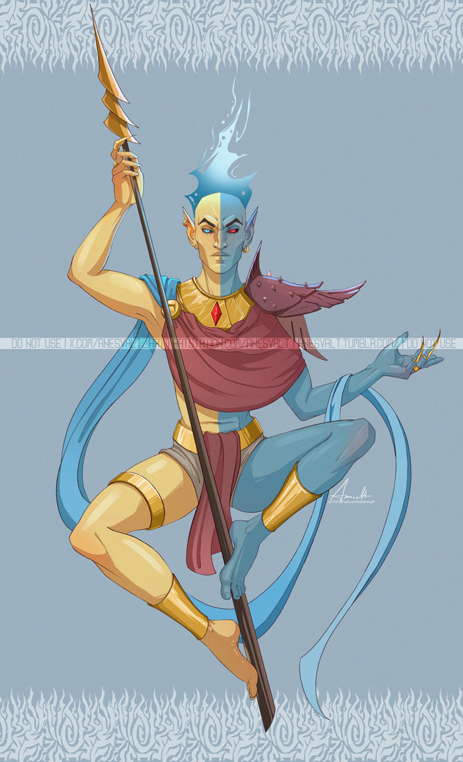 1boy, anesvalt_art, anklet, armor, bald, barefoot, blue_background, blue_eyes