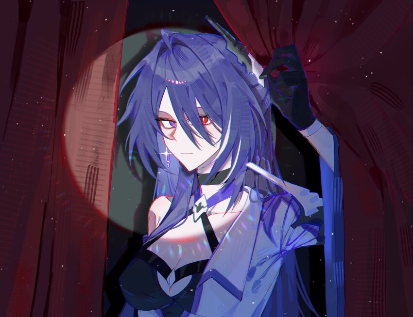 1girl, acheron_(honkai:_star_rail), arm_up, armor, breasts, choker, cleavage, commentary_request