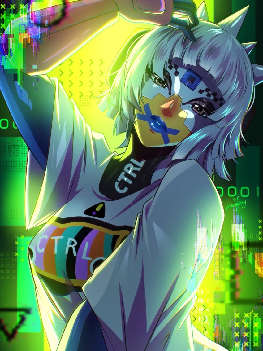 1girl, arm_up, blue_lips, commentary_request, glitch_(marathon), grey_eyes, grey_hair, headgear