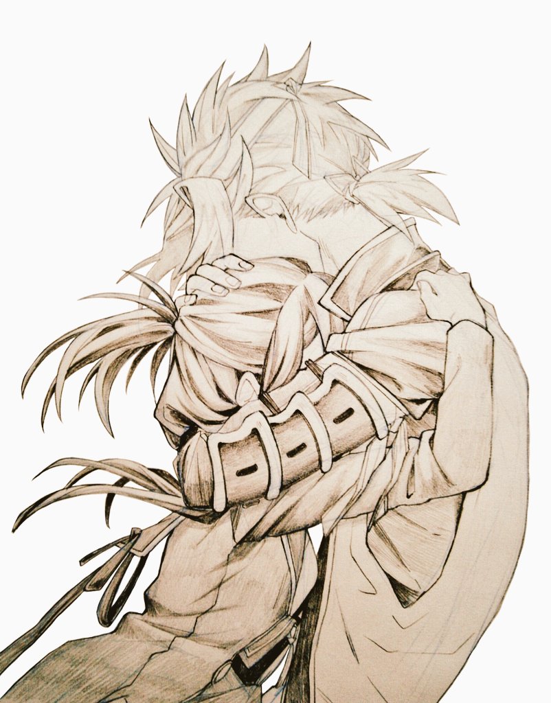 1boy, 1girl, armor, breasts, fingernails, grimms_notes, hand_on_another's_head, hug
