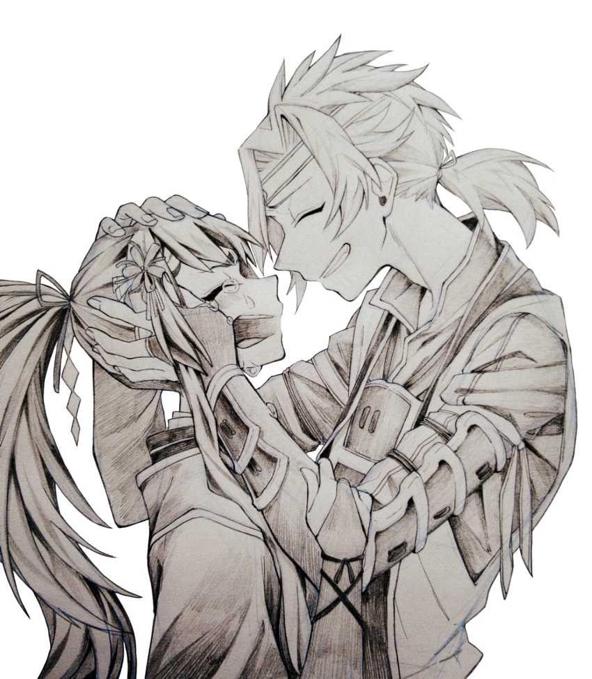 1boy, 1girl, bridal_gauntlets, closed_eyes, crying, ear_piercing, facing_another, fingerless_gloves