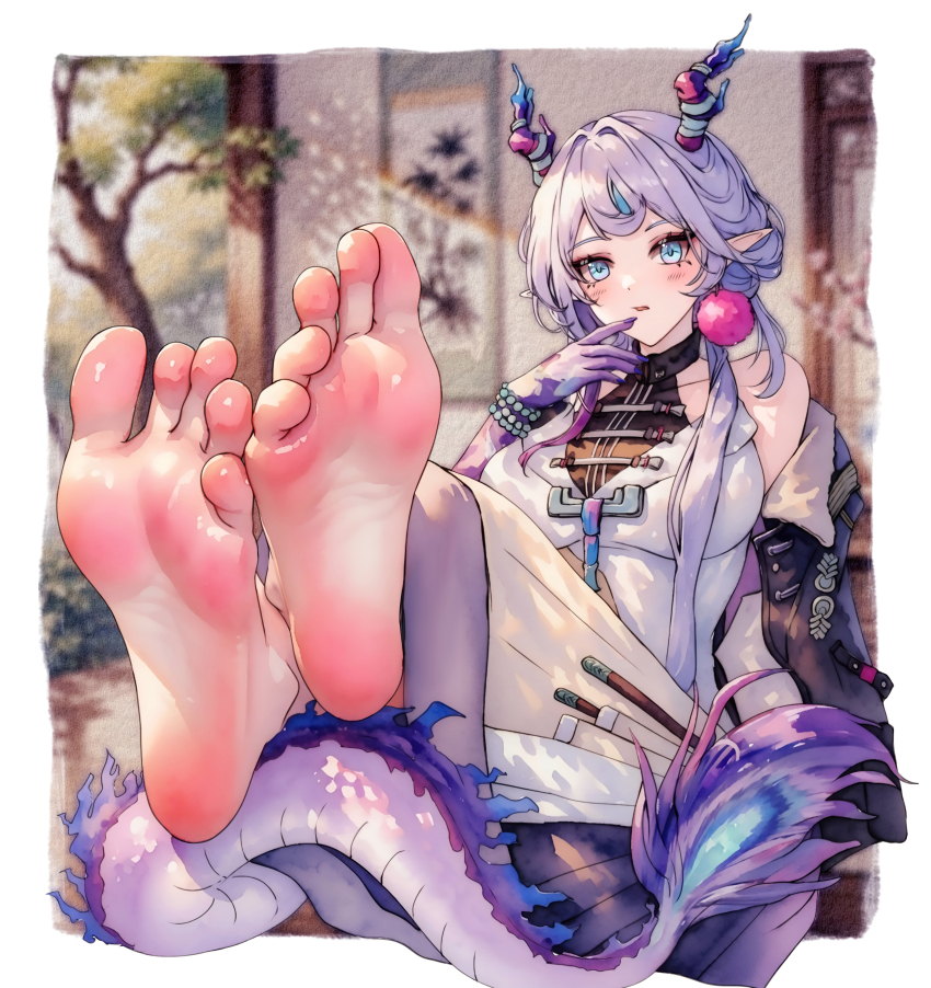 1girl, absurdres, arknights, barefoot, blue_eyes, blush, buxue_luo_li_tang, dragon_horns