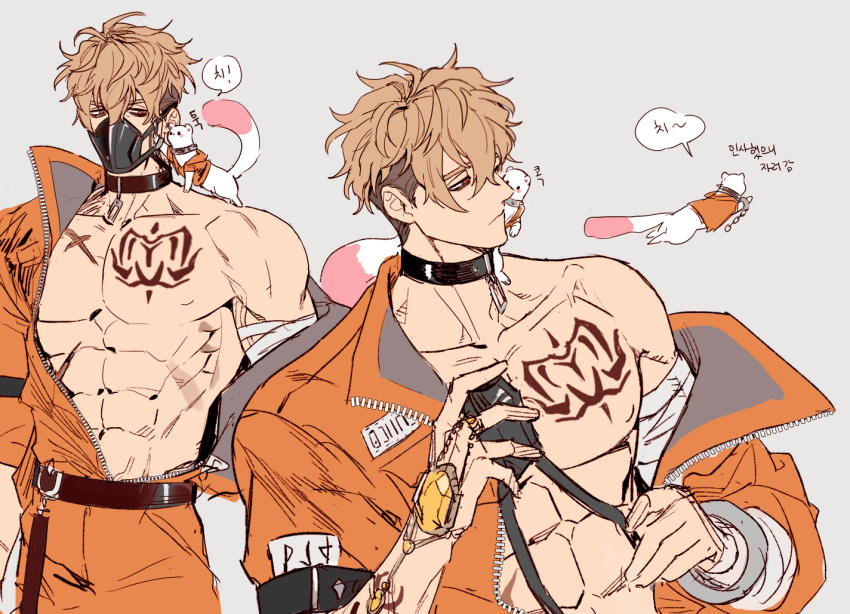 1boy, abs, animal, animal_on_shoulder, arm_belt, arm_tattoo, bags_under_eyes, bandaged_arm