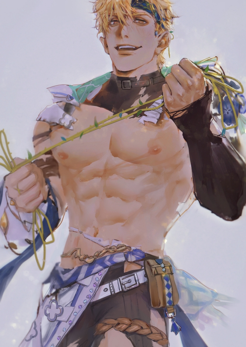 1boy, abs, arm_belt, asymmetrical_sleeves, bags_under_eyes, belt, black_choker, black_gloves