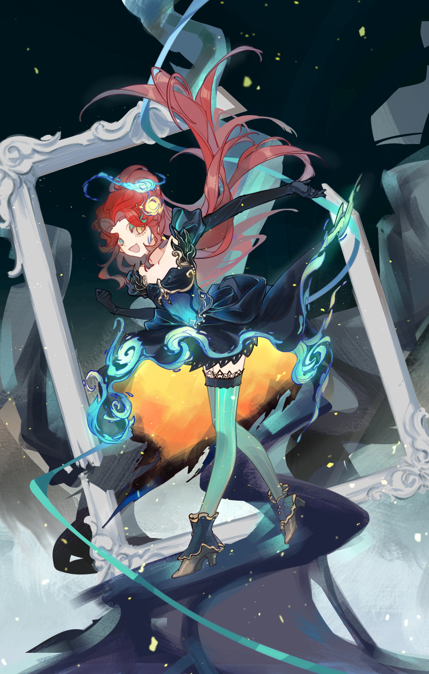 1girl, :d, absurdres, blue_dress, blue_eyes, brynhildr_vilulf, brynhildr_vilulf_(the_anachronic_vilulf), chinese_commentary