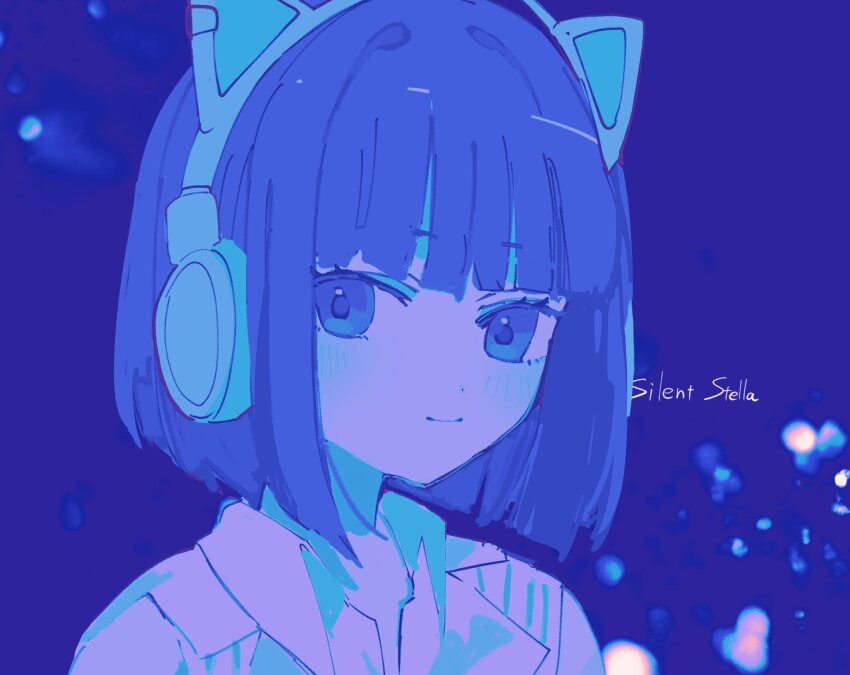 1girl, animal_ear_headphones, animal_ears, blue_theme, blunt_bangs, blunt_ends, blush, bob_cut, cat_ear_headphones, cat_ears, closed_mouth, collared_shirt, commentary, fake_animal_ears, headphones, highres, ikizulive!_love_live!_bluebird, inverted_bob, looking_at_viewer, love_live!, nagisa_iori, portrait, sasaki_shion, shirt, short_hair, silent_stella_(love_live!), simple_background, smile, solo, song_name, untranslatable_commentary, what_is_my_life?_(love_live!)