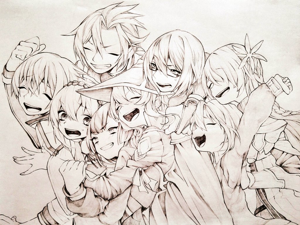 3boys, 5girls, adah_(grimms_notes), adah_(original)_(grimms_notes), armor, braid, clenched_hand, closed_eyes